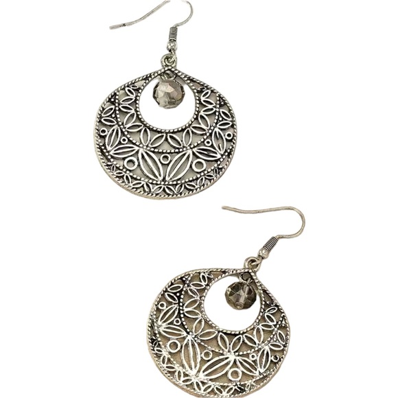 Boho Silver Cut Metal Design Hoop Drop Earrings - Picture 2 of 6